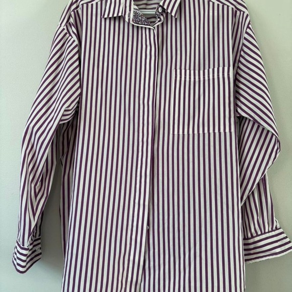 Vintage Preppy Striped Button Down Purple White Shirt Retro Floral Lining - XL - Picture 3 of 8